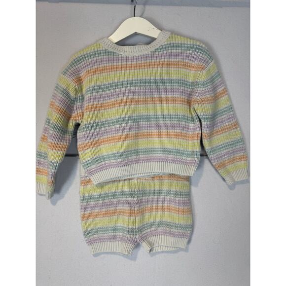 Girls Cotton Knit Shorts Sweater Set Crewneck Striped Neon Rebels Size 4-5Y - Picture 2 of 3